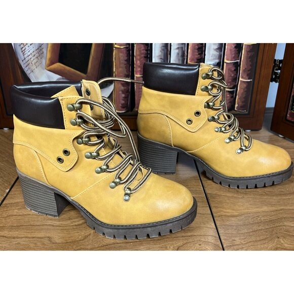 Maurice Shoes - Maurice Yellow Hiking-Inspired Lace-Up Ankle Boots Block Heel Size 8